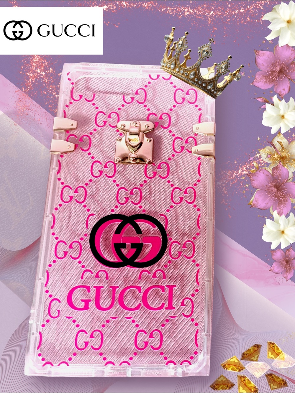 Gucci Logo Pattern Clear/Pink Phone Case with Golden Accents — iPhone 6,7,8 PLUS